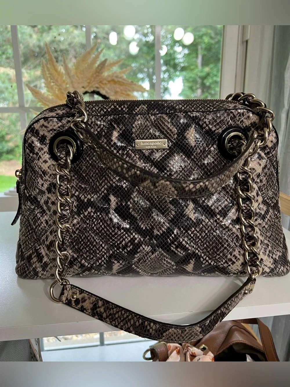 kate spade Neutral Snake-Print Chain Shoulder Bag